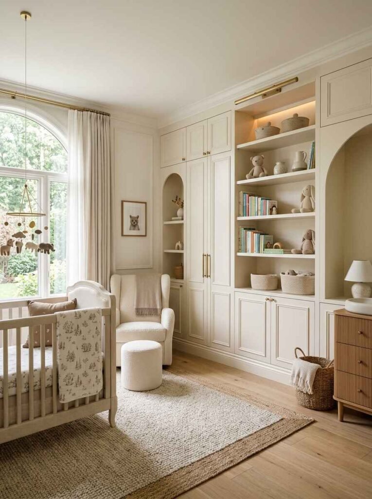 Luxury nursery featuring custom off-white built-in storage wardrobes, arched display alcoves, warm integrated shelf lighting, and a beige wooden crib.