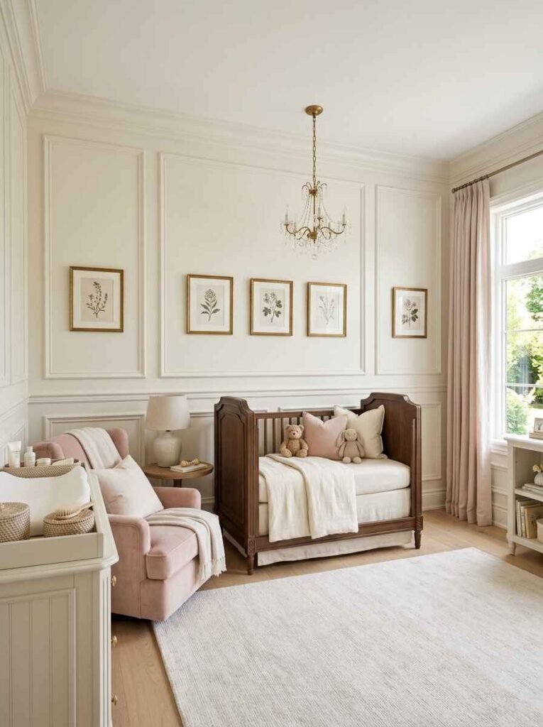 Luxury baby nursery featuring picture-frame wall molding, a dusty pink velvet armchair, dark wood crib, and a classic crystal chandelier.