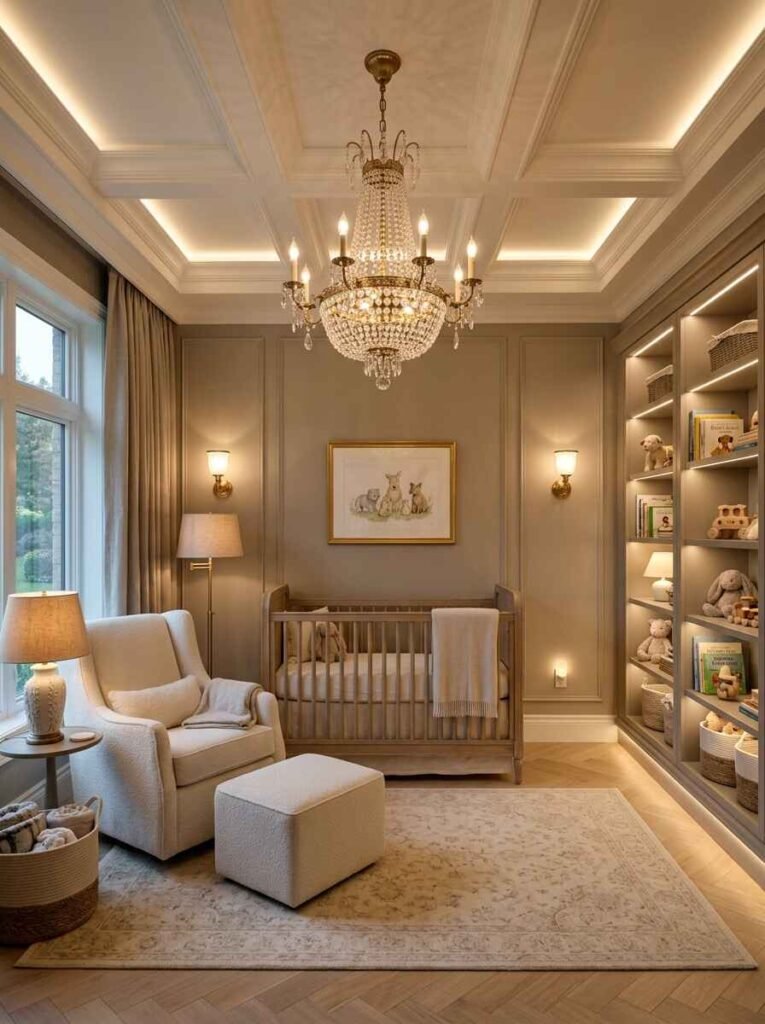 Luxury nursery with layered lighting featuring a crystal chandelier, coffered ceiling cove lights, warm wall sconces, and illuminated shelving units.