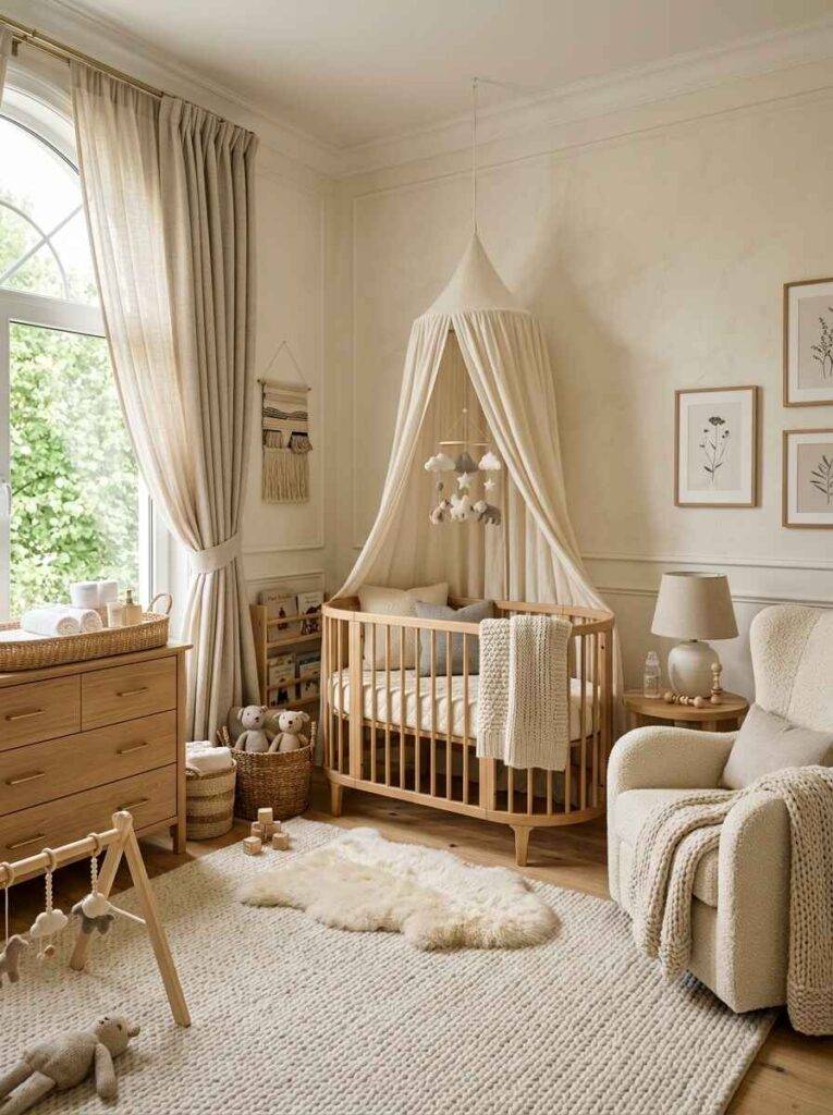 Texturally layered luxury nursery featuring a woven wool rug, sheepskin layer, oval wood crib with cream canopy drapery, and bouclé glider chair.