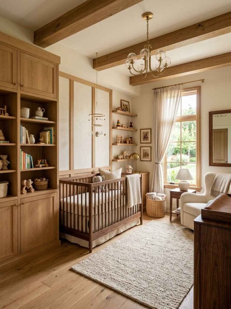 Warm luxury nursery featuring exposed ceiling timber beams, dark walnut crib, custom light oak built-in bookcases, and natural wood flooring.