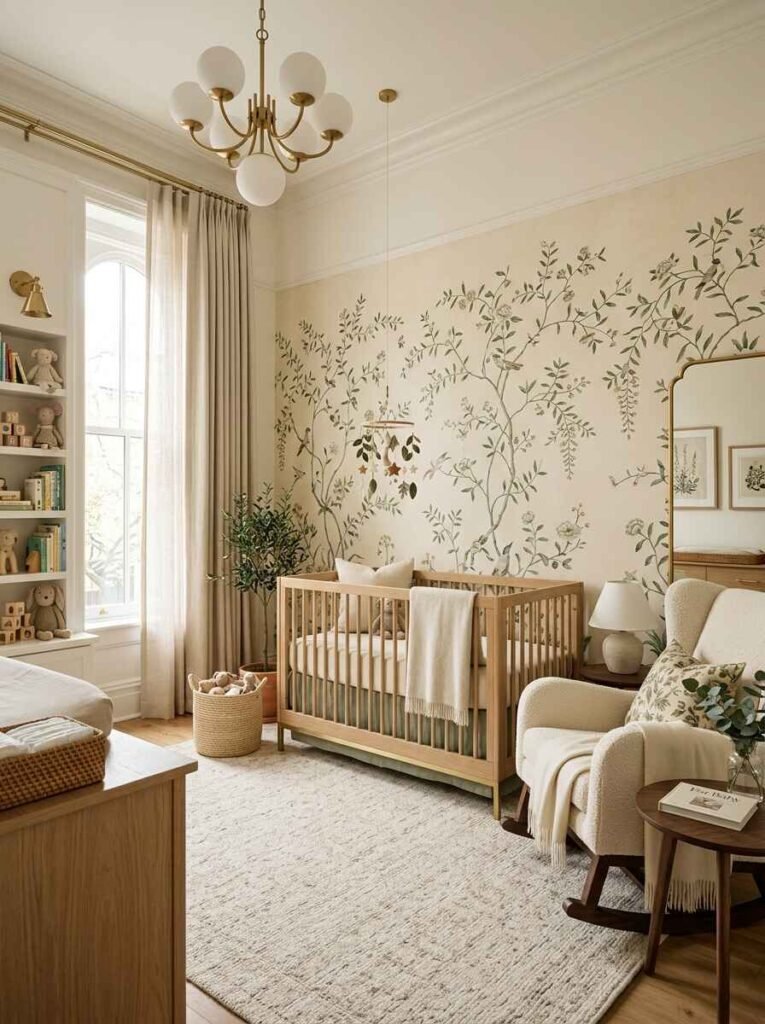 Luxury nursery featuring botanical statement wallpaper with delicate vine patterns, a brass chandelier, natural wood crib, and cream rocking armchair.