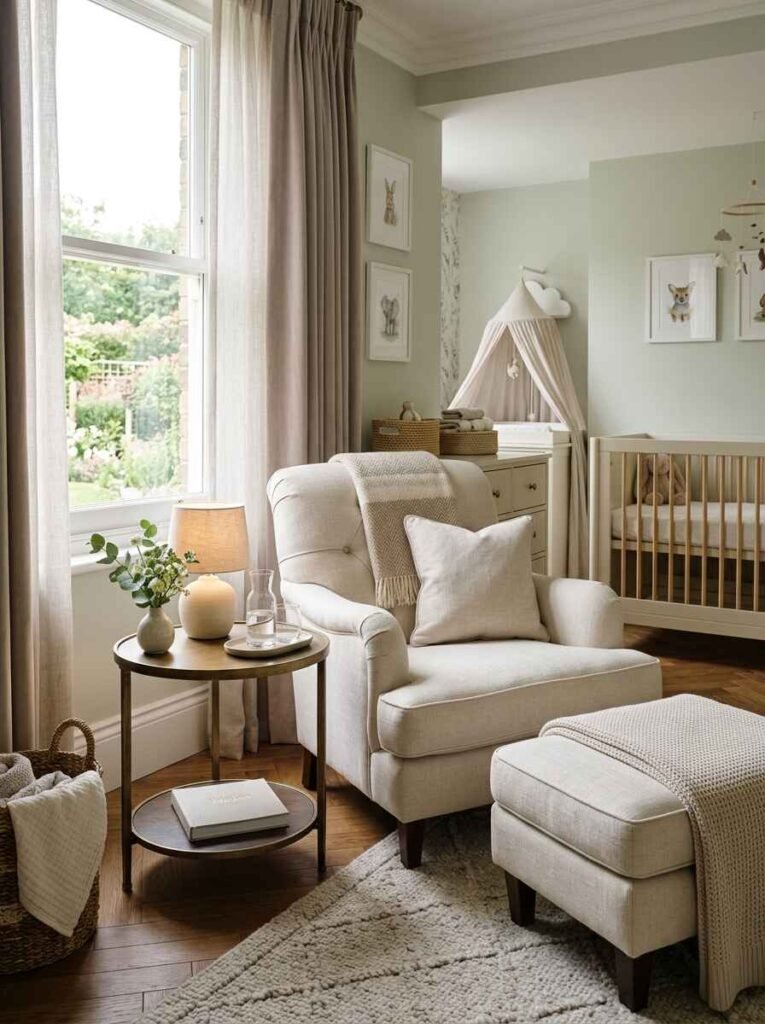 Nursery feeding corner featuring a cream tufted armchair with ottoman, wooden side table, soft floor lamp, and muted sage green walls.