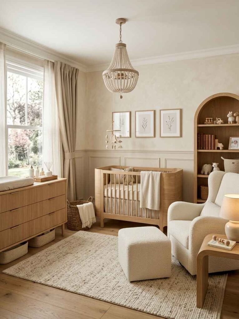 Soft neutral luxury nursery ideas with a beaded chandelier, light oak oval crib, cream bouclé glider with ottoman, and fluted changing dresser.