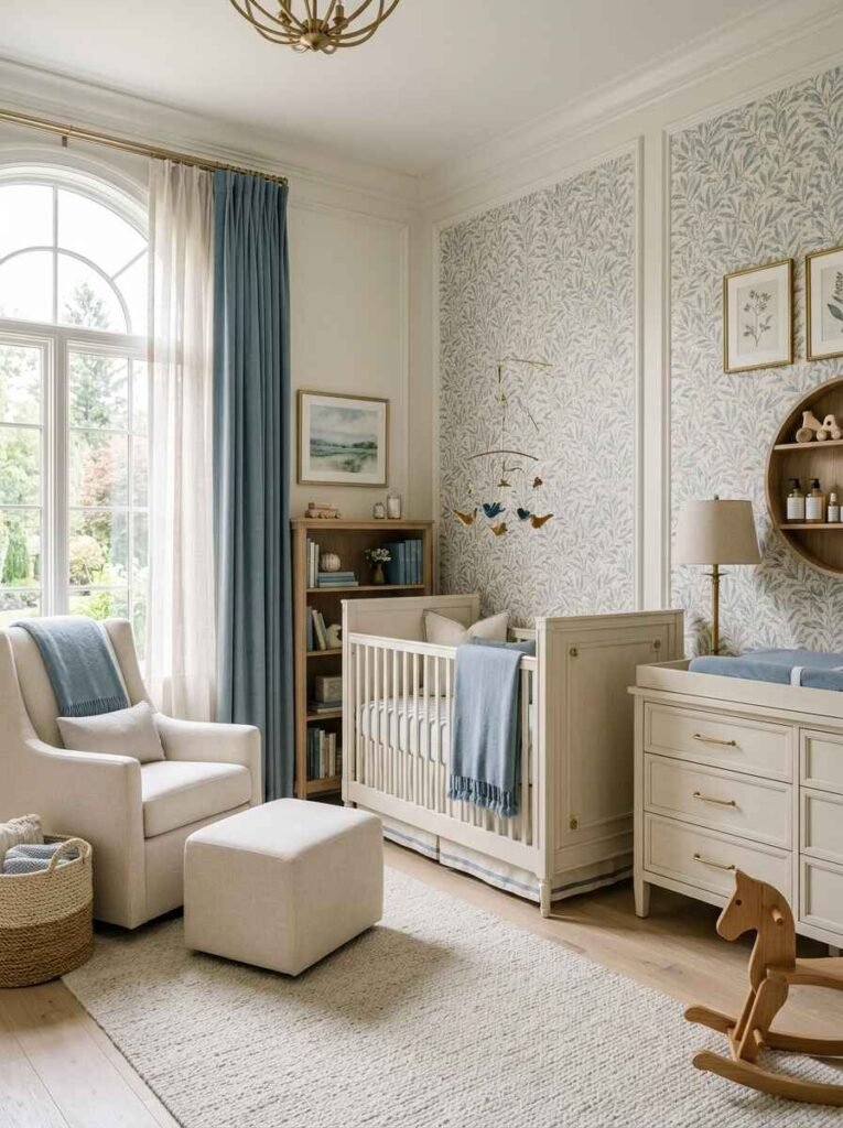 Luxury nursery using dusty blue accent drapes and throw blankets paired with leafy floral wallpaper, a cream crib, and neutral changing table.