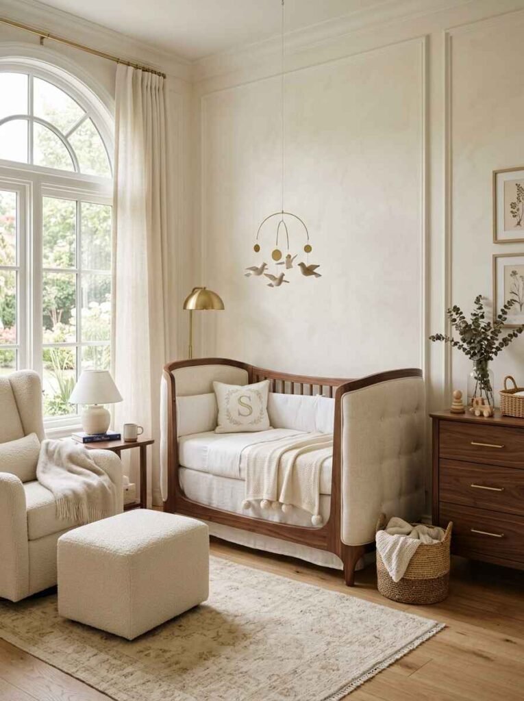 Luxury nursery centered around a statement dark walnut crib with tufted linen upholstery, paired with a cream bouclé glider and brass lamp.