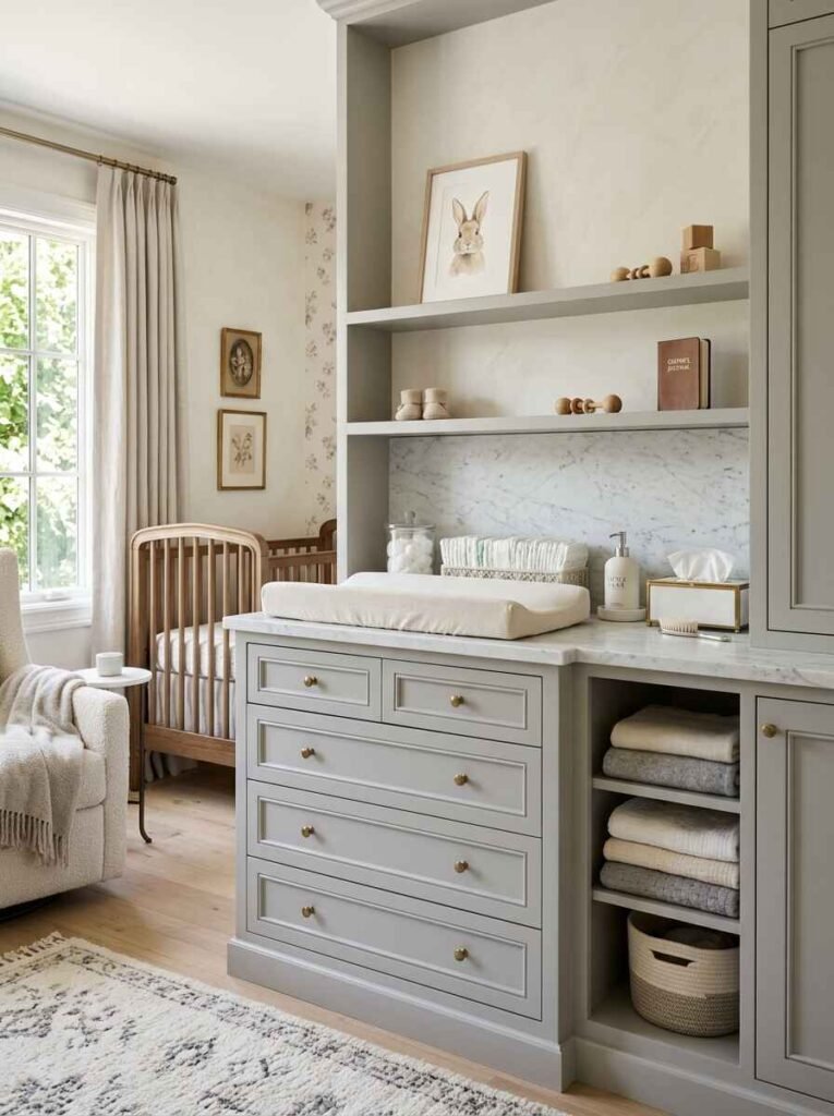 Elegant luxury nursery changing station featuring custom sage-gray cabinetry, a marble countertop, brass hardware, and integrated storage shelving.