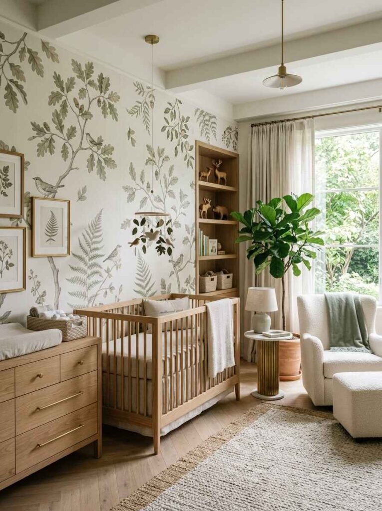 Nature-inspired luxury nursery featuring oak leaf and fern wall mural, light wood crib, potted fiddle-leaf fig plant, and plush bouclé rocking chair.
