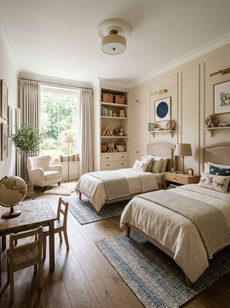 Shared luxury kids room featuring twin upholstered beds, classic wall molding, customized built-in bookcases, and a central play table.