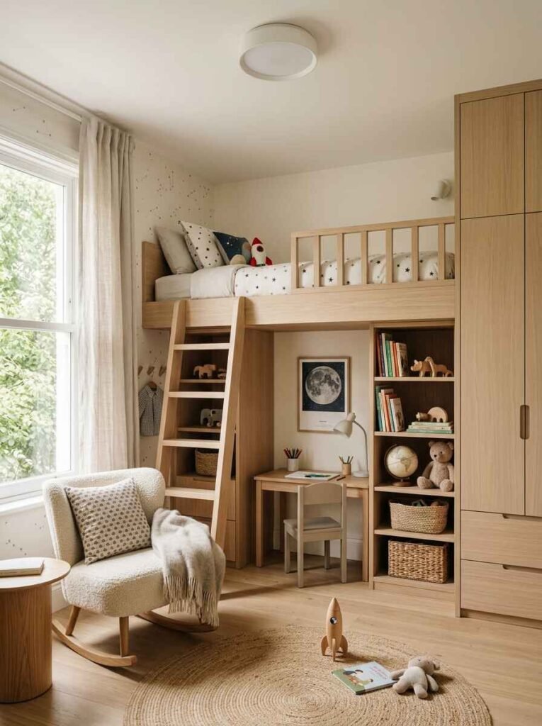 Space-saving luxury small kids room featuring a custom light wood loft bed with an integrated desk, bookshelf, and matching wardrobe.