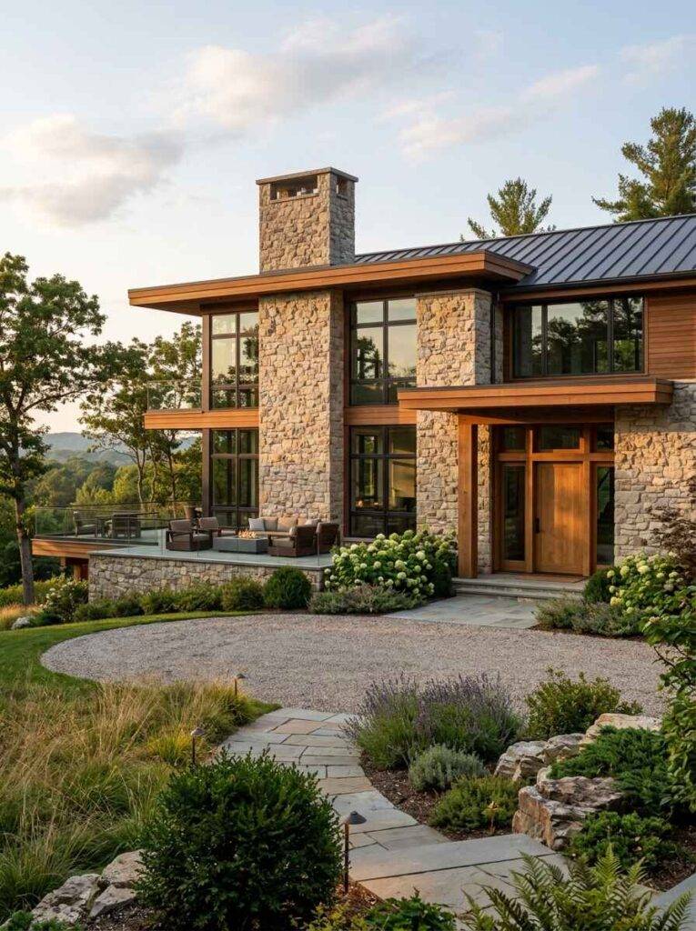 Modern luxury stone home exterior featuring a dramatic floor-to-ceiling stacked stone chimney, dark metal standing seam roof, wood accent entry, and a gravel courtyard driveway