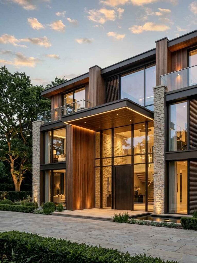 Luxury two-story residence combining vertical timber slats, natural stone pillars, black metal framing, and glass walls