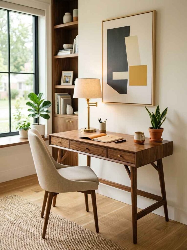 Mid-century modern home office desk in rich wood with tapered legs and shallow drawers in a bright room