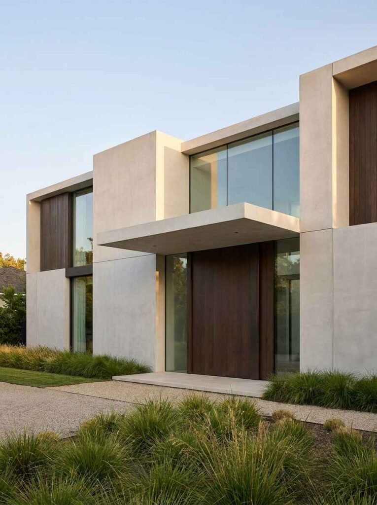 Minimalist modern estate entry displaying an oversized dark wood pivot door under a concrete cantilevered overhang
