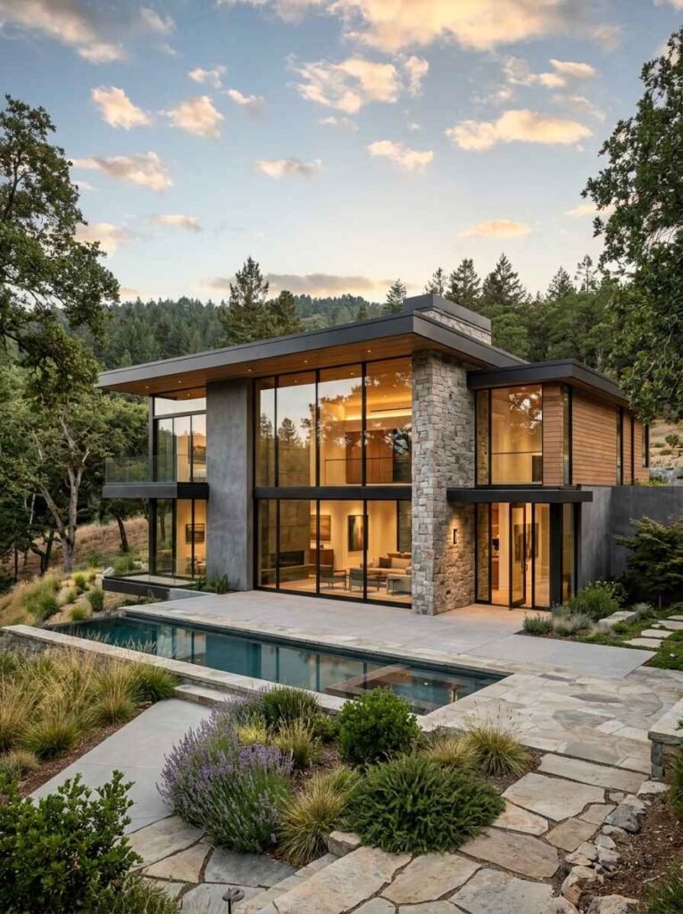 Modern architectural luxury house featuring two-story double-height glass windows, thin dark frames, integrated interior lighting, stone fireplace wall, and lap pool.