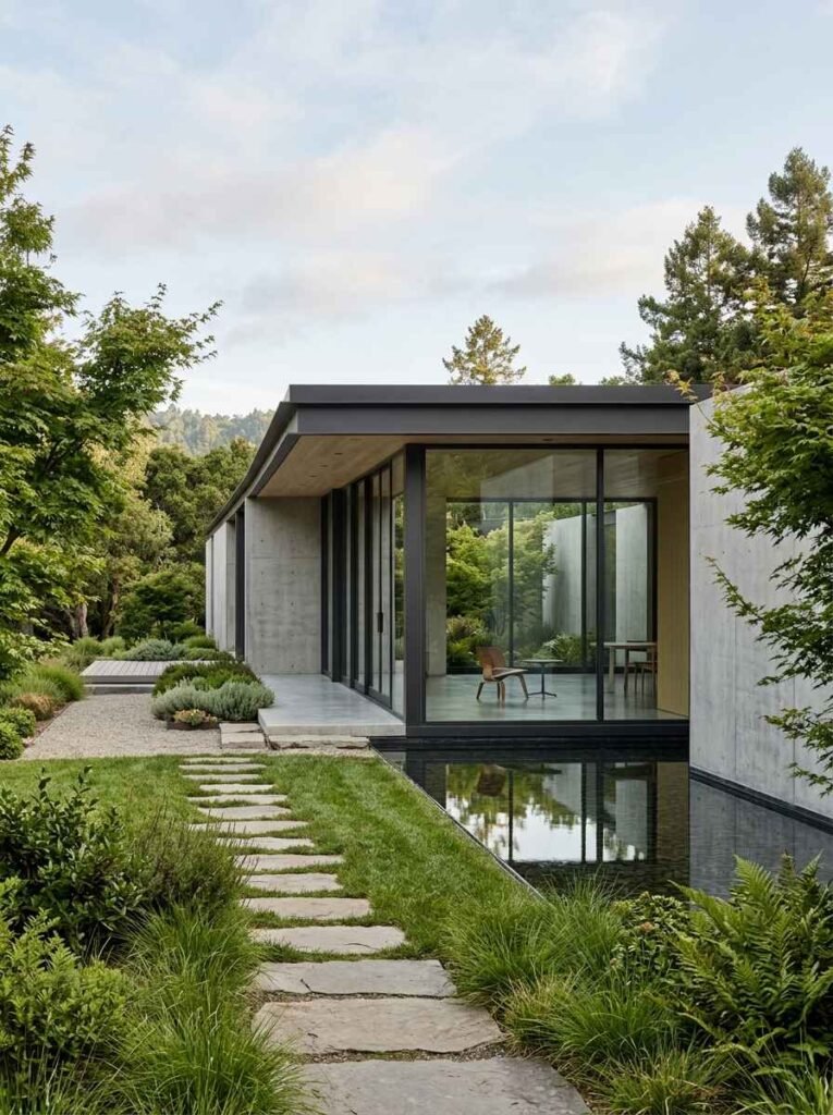 Minimalist luxury home exterior featuring clean architectural lines, poured concrete walls, floor-to-ceiling glass panels, and a sleek dark water feature