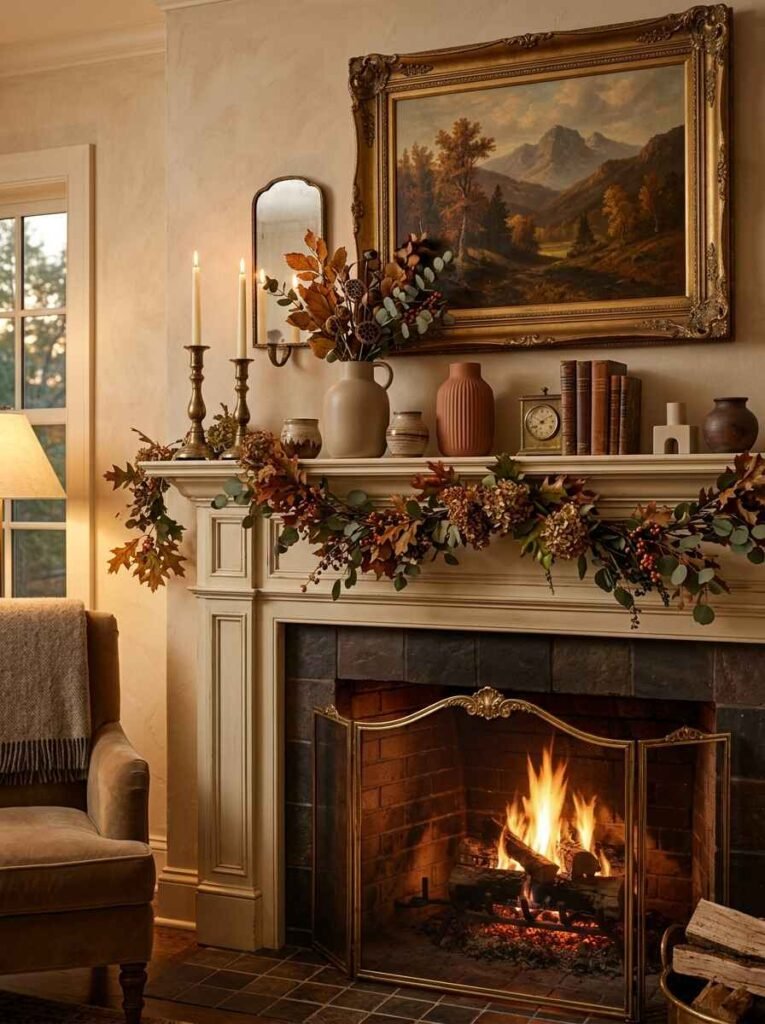 Traditional white fireplace mantel displaying framed oil painting art, modern ribbed ceramic vases, and vintage brass candlesticks.