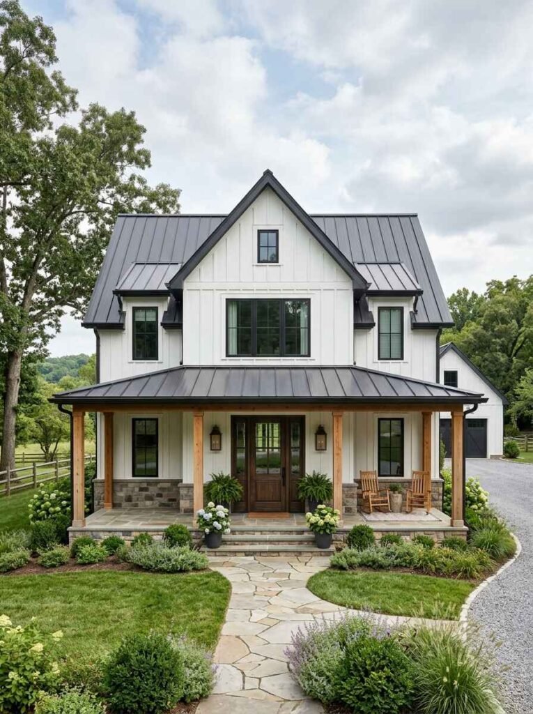 Elegant modern farmhouse exterior showcasing a rich wood front door with glass panes beneath a dark metal roof porch