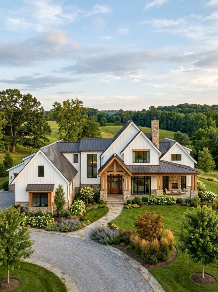 Luxury modern farmhouse exterior featuring white board and batten siding, dark standing seam metal roof, timber frame porch accents, and stone foundation