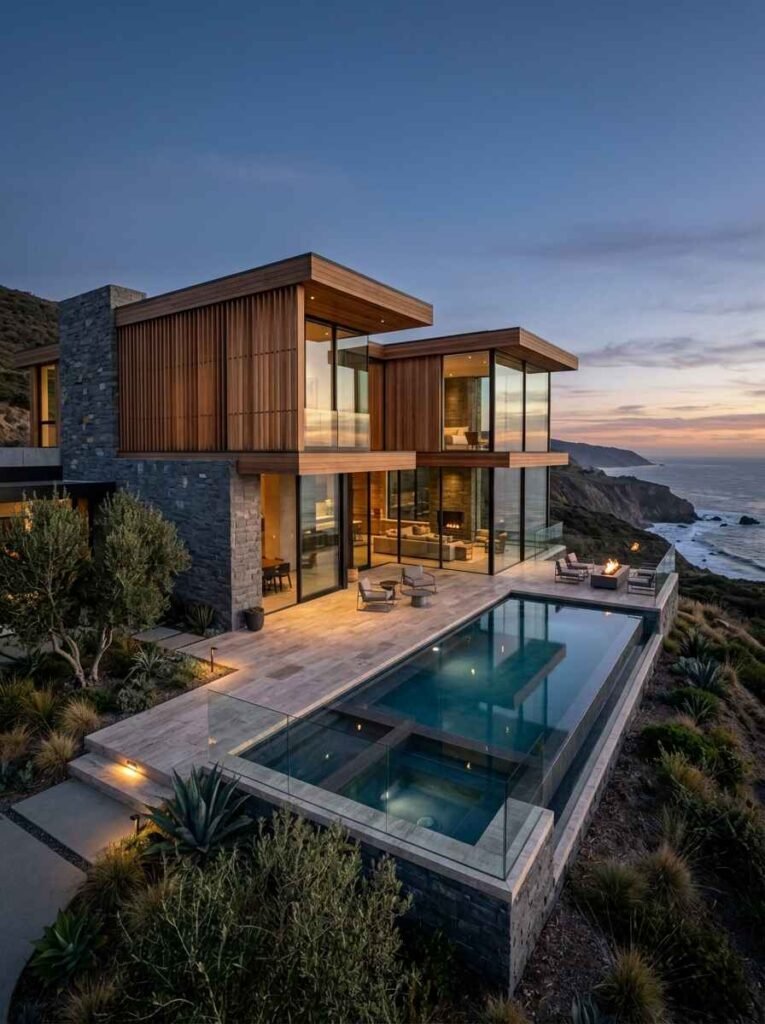 Cliffside luxury home exterior with infinity edge pool, natural timber wall cladding, dark stone pillars, and floor-to-ceiling glass wall panels overlooking the ocean