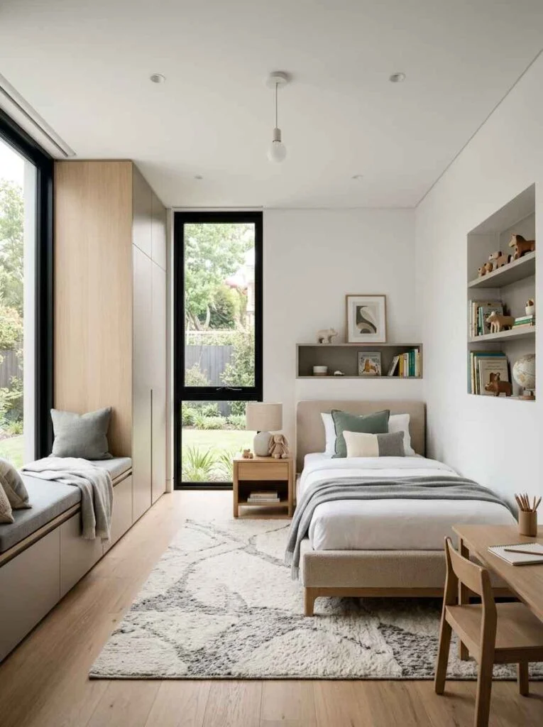 Streamlined modern luxury kids bedroom with concealed tall cabinetry, minimalist platform single bed, built-in window bench, and wall niche storage.