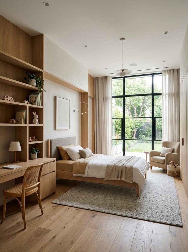 Modern luxury kids room featuring clean-lined oak built-ins, a simple wooden bed frame, floor-to-ceiling black grid windows, and a rattan chair.