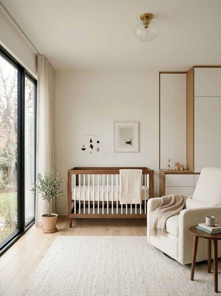 Modern luxury nursery with clean lines, featuring a walnut wooden crib, minimalist white bouclé glider, floor-to-ceiling glass doors, and hidden cabinetry.