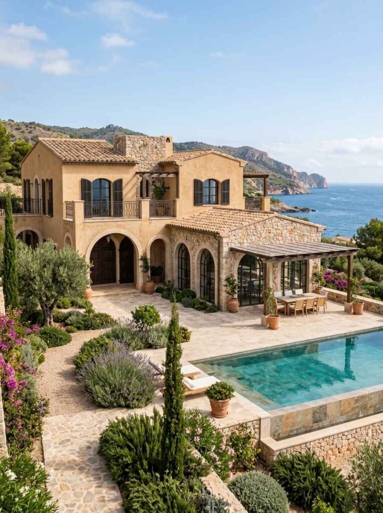 Coastal Mediterranean luxury home exterior featuring warm beige stucco, barrel tile roof, arched loggias, dark window shutters, and a travertine pool patio