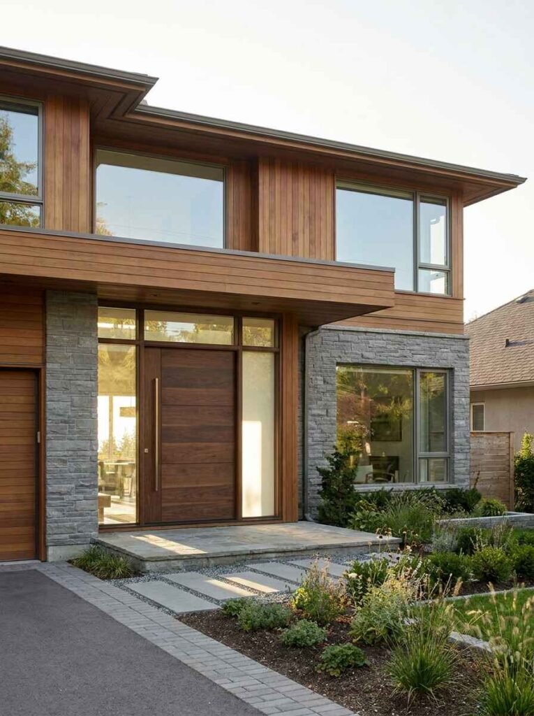 Contemporary luxury residence featuring a horizontal slat dark wood front door with vertical sidelights and stone accents