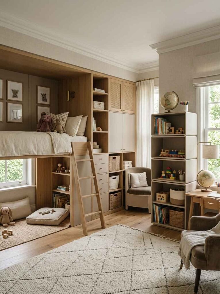 Light oak modular loft bed storage setup with slatted cabinets, open cubbies, woven baskets, and a standalone stacked box bookshelf.