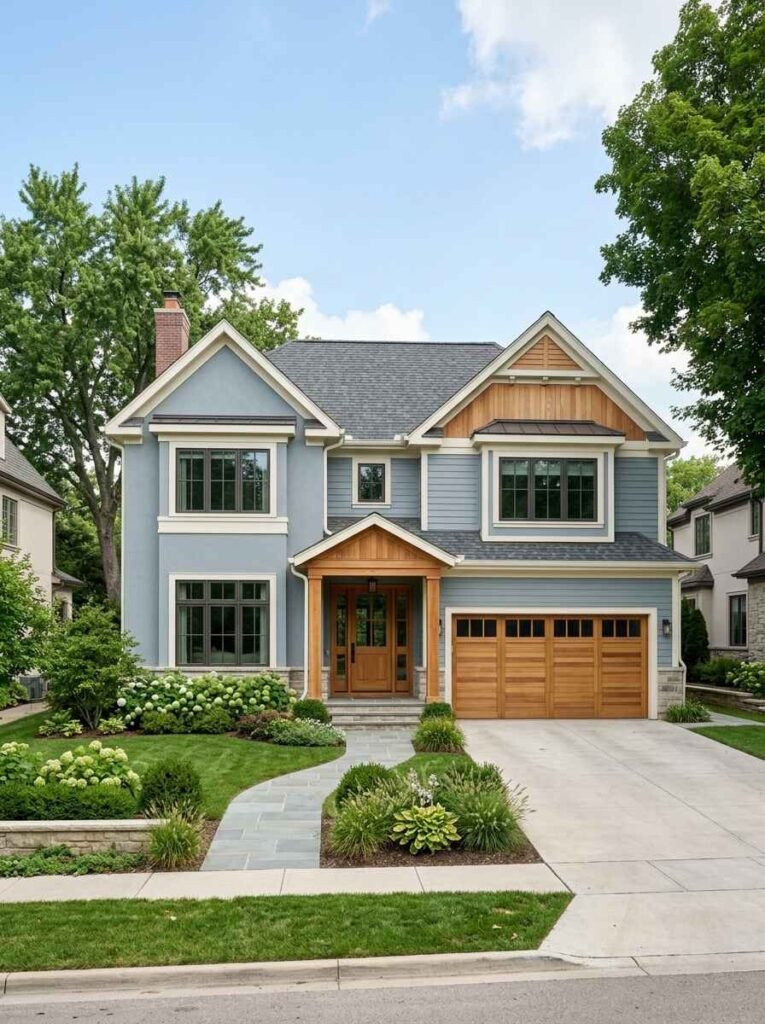 Two-story luxury home featuring muted blue-gray exterior siding, natural wood gables, matching timber garage door, and light stone trim.