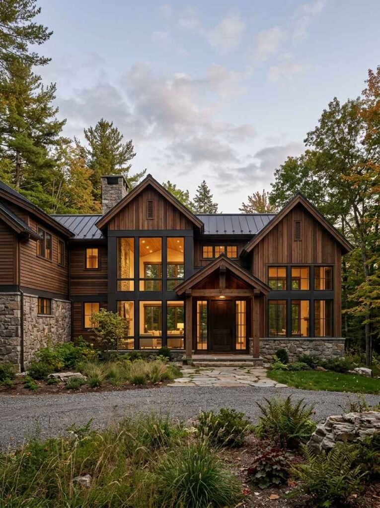 Contemporary rustic luxury home built with natural brown wood siding, dark metal roof trim, stone foundation walls, and large black-framed windows.