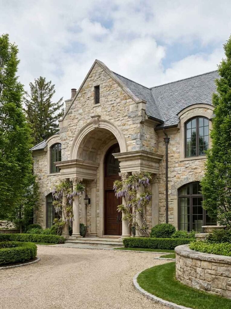 Mediterranean stone villa facade featuring a grand arched dark wood entrance door surrounded by majestic stone pillars and wisteria