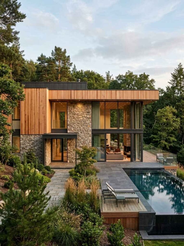 Contemporary luxury forest home combining rich natural cedar vertical siding with stacked fieldstone and poolside patio