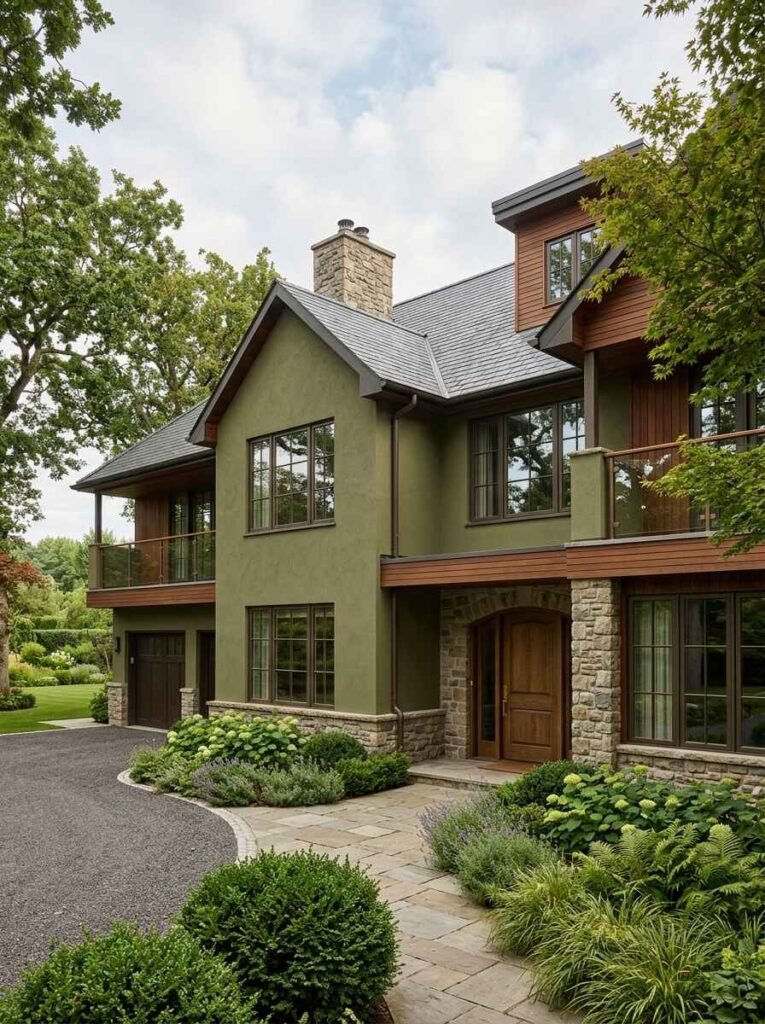 Elegant luxury residence showcasing olive green exterior stucco walls, stone entry accents, dark bronze window trim, and rich timber detailing.