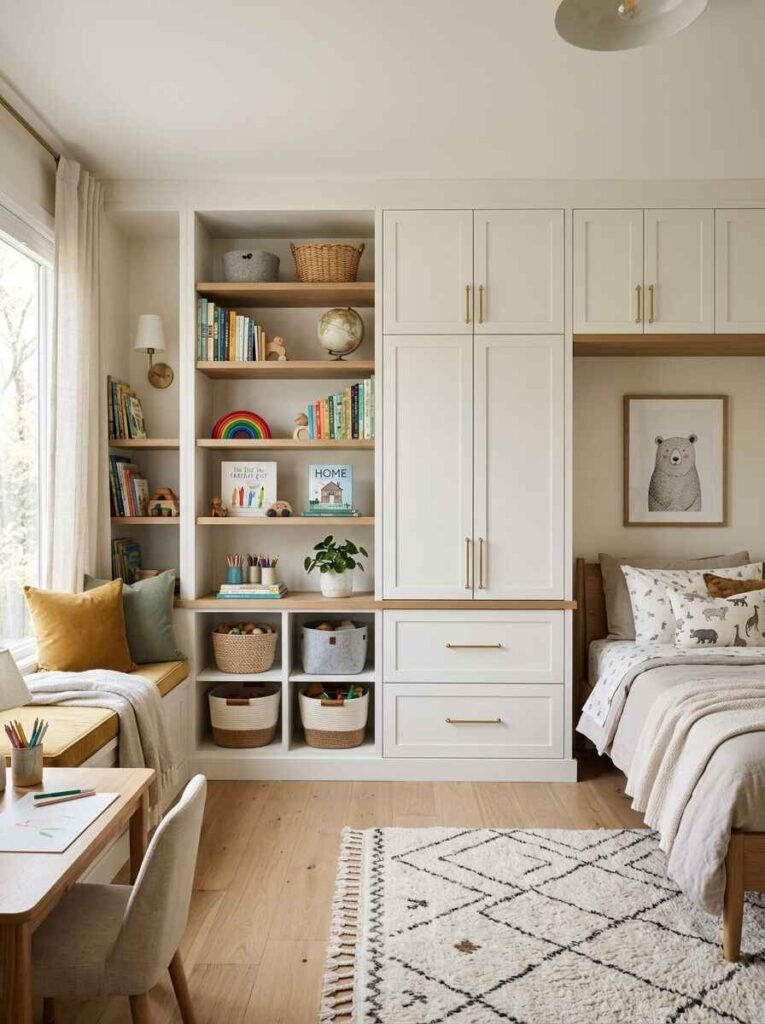 Wall storage unit combining open oak shelves with cloth bins, a white two-door wardrobe, lower drawers, and an integrated bed nook.