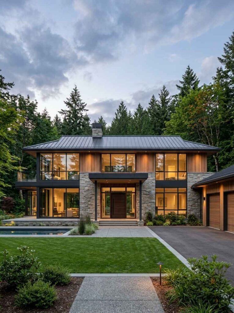 Luxury home facade showcasing oversized picture windows, dark metal casings, stone cladding, and a circular gravel driveway with a water fountain.