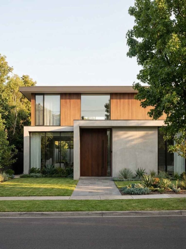 Modern box-style luxury home exterior featuring a sleek dark wood pivot door paired with floor-to-ceiling glass walls