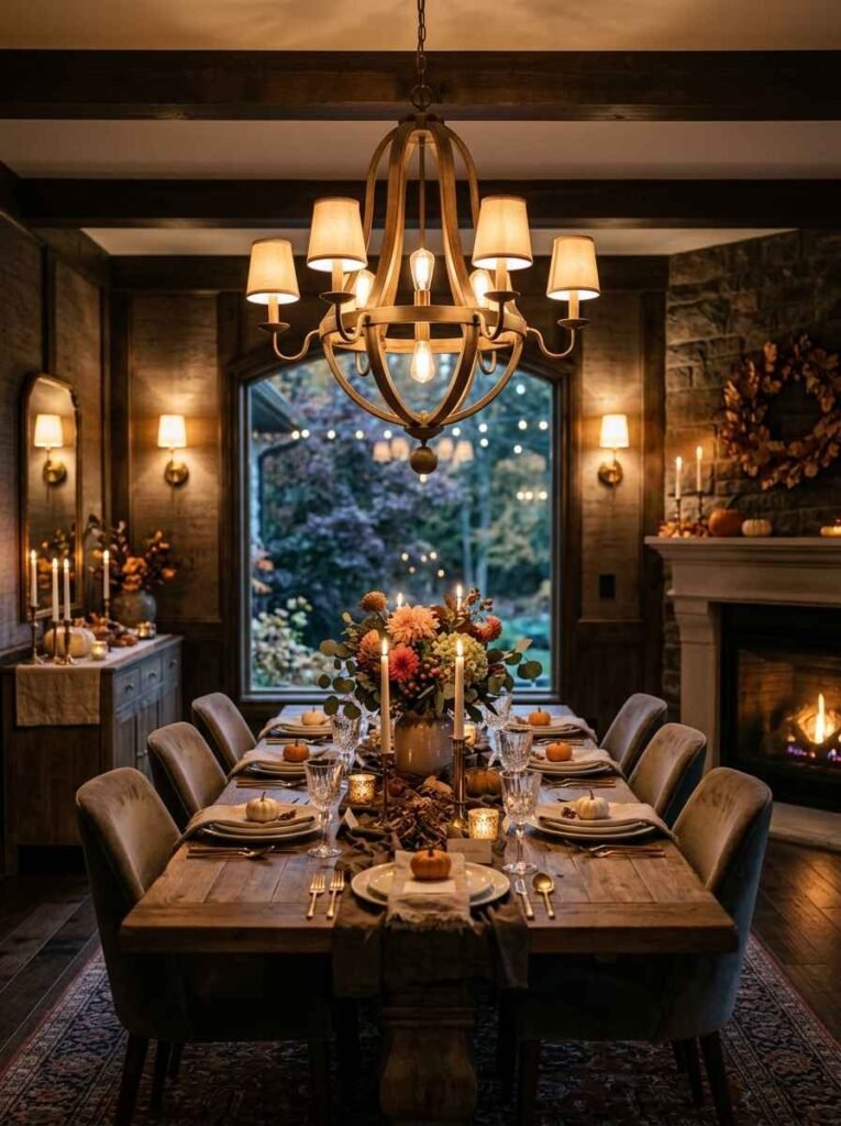 Ambient dining room featuring a warm wood chandelier, glowing wall sconces, a stone fireplace, and soft table candlelight.