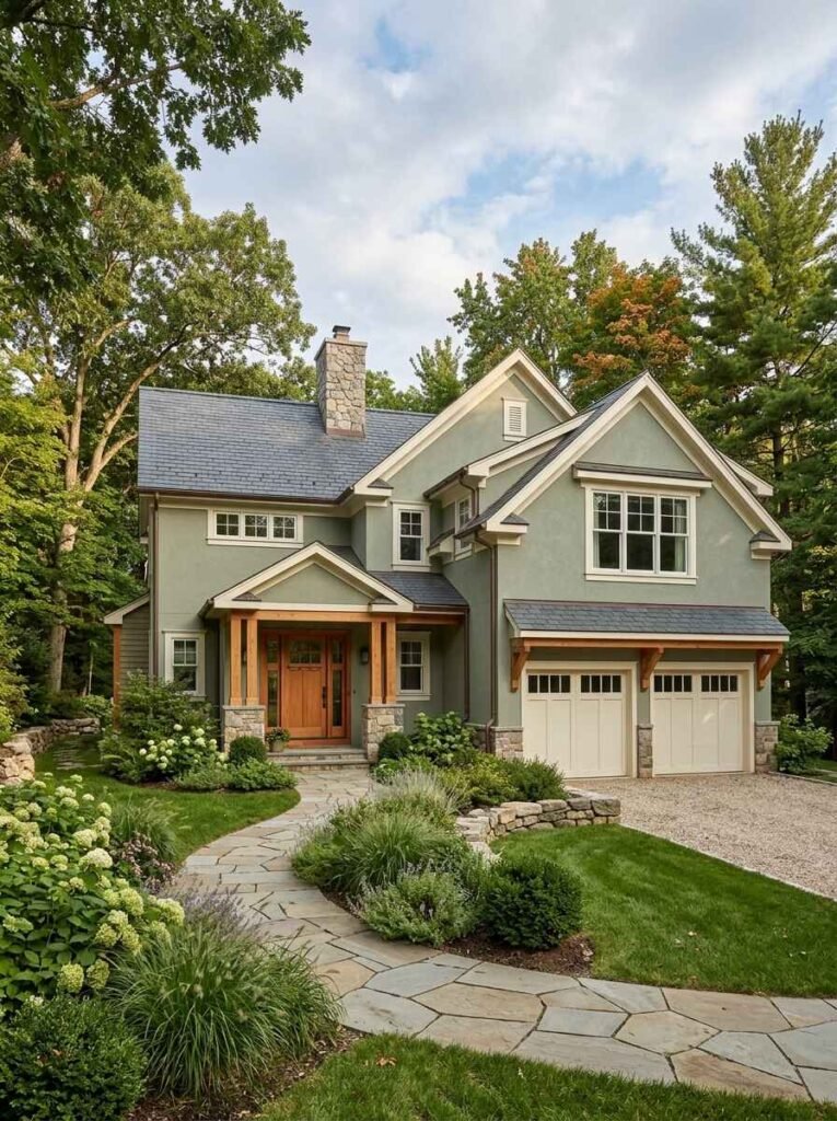 Muted sage green luxury home featuring warm natural wood entry columns, stone foundation trim, and off-white window frames.