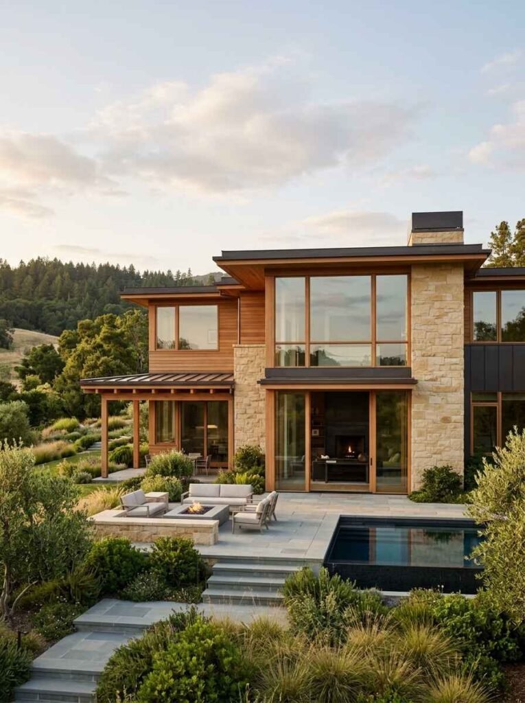 Luxury modern estate featuring warm horizontal sandstone block walls, cedar siding accents, and outdoor patio with fire pit