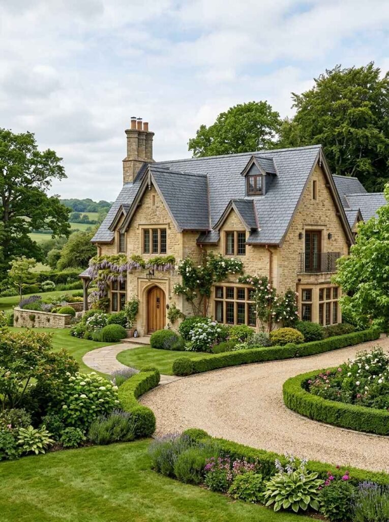 English country cottage facade featuring natural sandstone stone walls, slate roof shingles, and landscaped gravel driveway