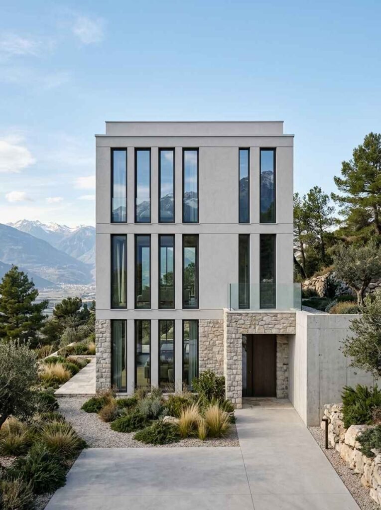 Modern three-story villa with vertical slimline casement windows, smooth light gray stucco walls, natural stone accents, and a mountain valley backdrop.
