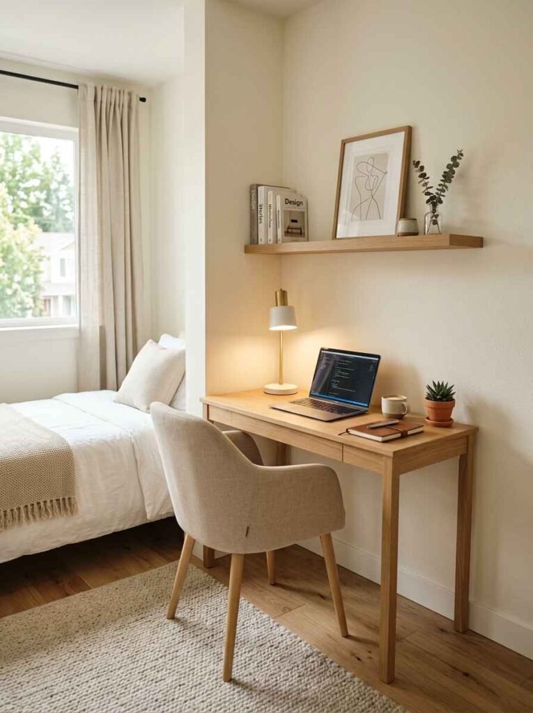 Small compact light wood home office desk fitted perfectly into a bedroom alcove setup
