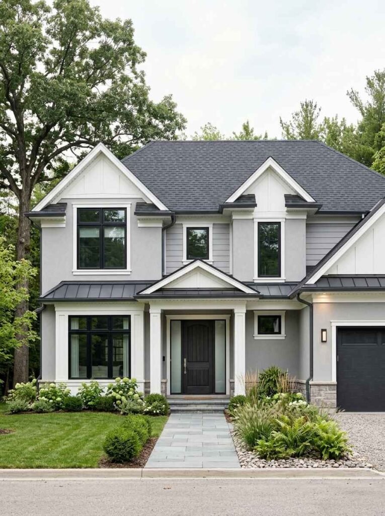 Modern transitional home with a soft gray exterior palette, crisp white trim, charcoal shingles, and a black front door.