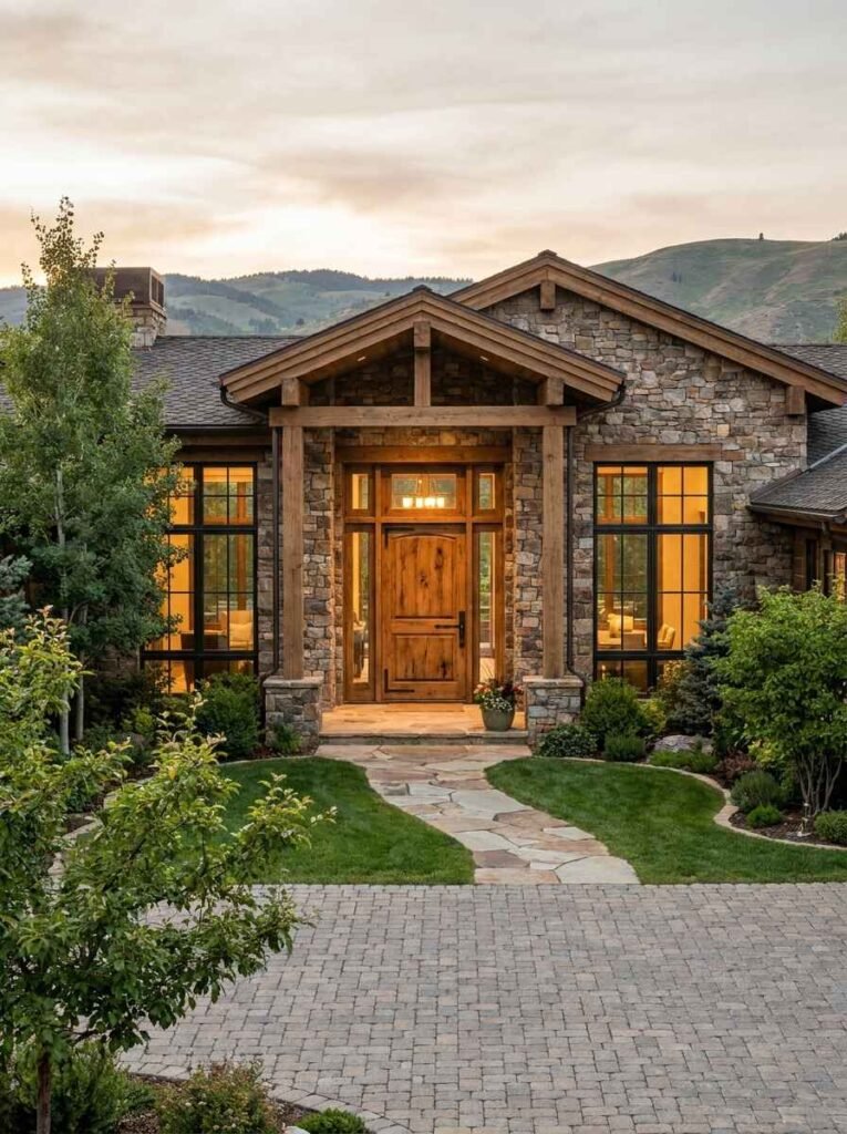 Rustic luxury mountain home entrance displaying a heavy natural grain wood front door with black iron hardware and timber framing