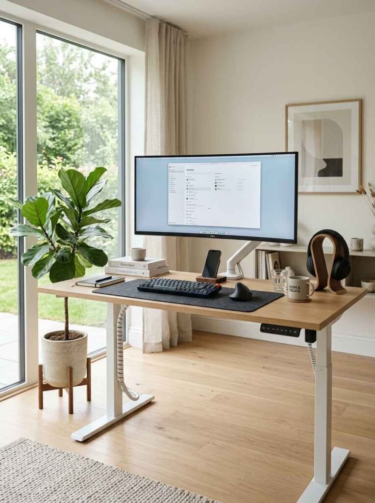 Height-adjustable electric standing desk for home office featuring a wide ultra-wide monitor and clean cable management