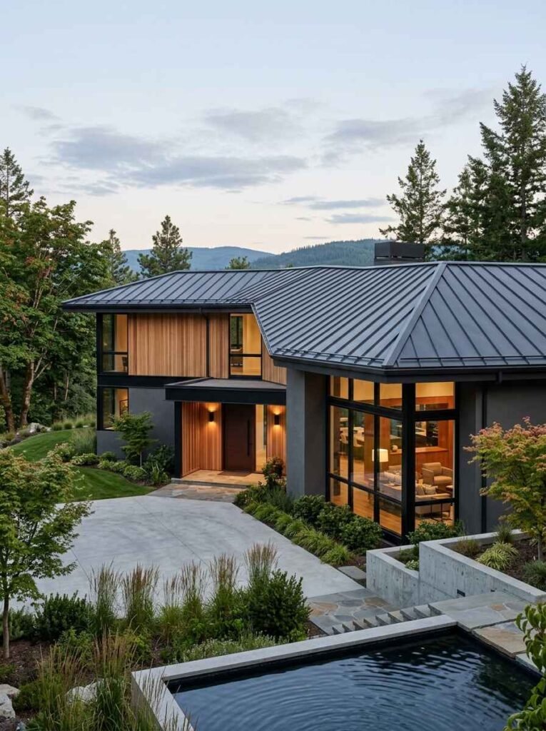Modern architectural home in a forest setting featuring dark charcoal standing-seam metal roofing and warm wood accent siding