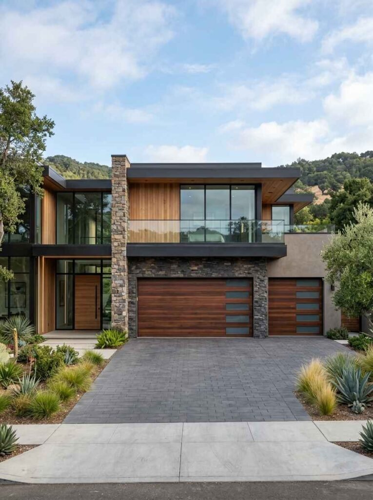 Modern luxury home exterior featuring custom rich wood garage doors with frosted side glass inserts, slate stone veneer, and a dark paver driveway