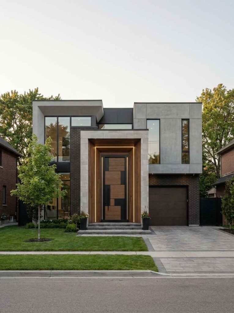 Ultra-modern luxury home entrance featuring a custom geometric wood and metal panel door highlighted by integrated strip lighting